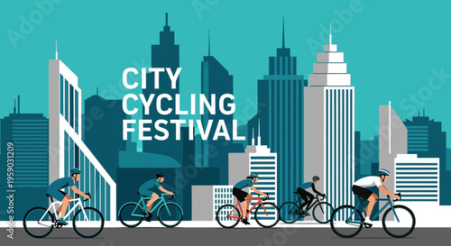 City Cycling Festival Illustration Depicting Urban Cyclists in a Modern Metropolis Scene