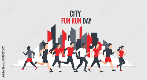 City Fun Run Day Celebration With Diverse People Running Through Urban Skyline