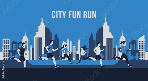 City Fun Run: Dynamic Illustration of Urban Marathon Featuring Diverse Runners and Cityscape