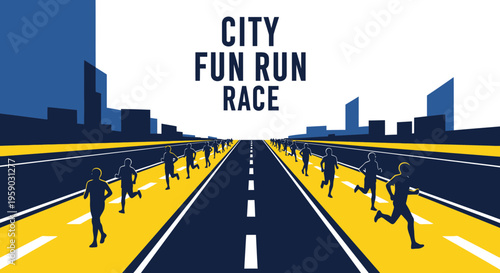 City Fun Run Race Illustration with Runners in Silhouette and an Urban Backdrop