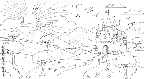 A large castle with towers standing.