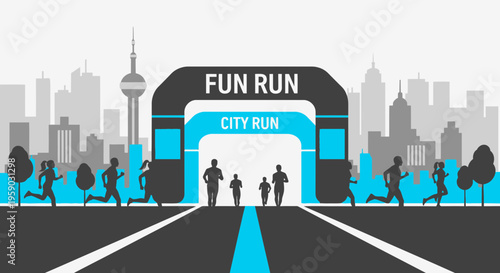 City Fun Run With Runners, Silhouettes, and Urban Landscape Illustration Design