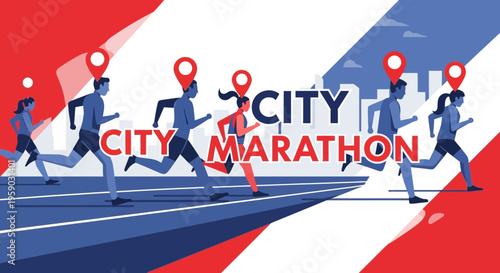City Marathon Runners Racing Through Urban Landscape With Map Pin Icons