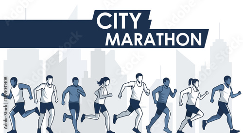 City Marathon Runners Silhouetted Against a Cityscape Displaying Energetic Movement