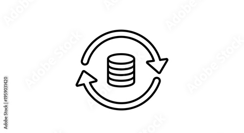 Circular arrows around stacked coins icon, representing financial exchange, currency, or data transfer