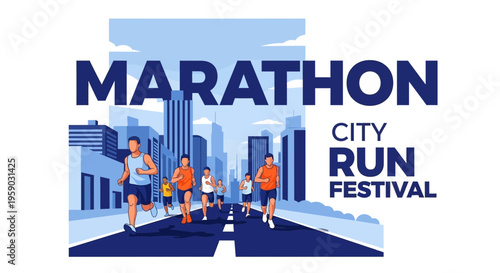 City Marathon Running Race Featuring Urban Runners and Cityscape Backdrop Design