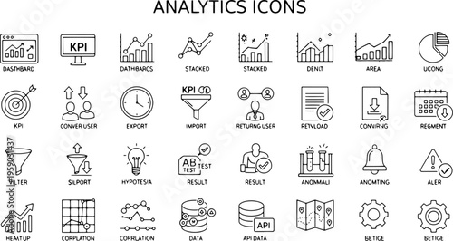Black and white analytics icons set.