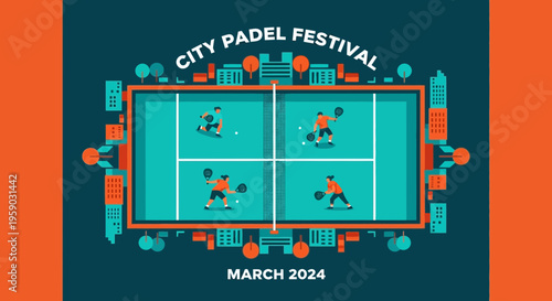 City Padel Festival Event Illustration Vibrant Urban Sports Gathering