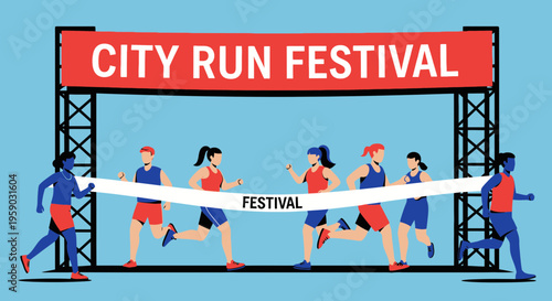 City Run Festival Finish Line Sprint Celebration People Competing
