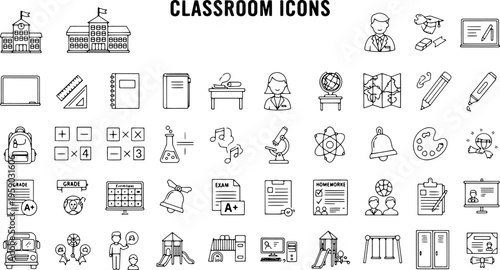 Black and white classroom icons set.