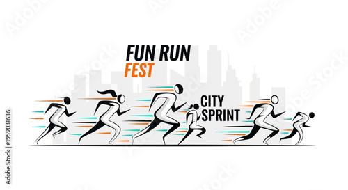 City Sprint Fun Run Fest: Energetic Illustration of a Fun Run Event in an Urban Landscape