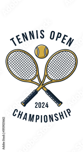 Classic Tennis Championship Emblem Featuring Racquets, Ball, and Event Text in Elegant Design