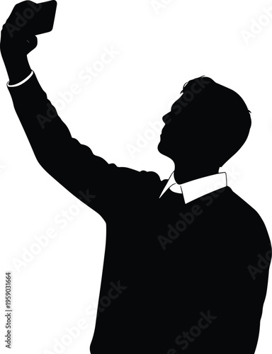 Businessman taking selfie with smartphone representing social media lifestyle mobile communication modern technology digital identity silhouette vector illustration concept
