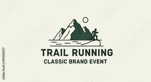 Classic Trail Running Logo Depicting Mountains and Athlete for Fitness Branding