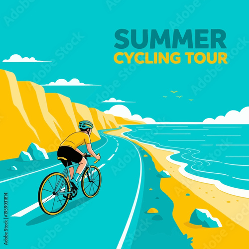 Coastal Cycling Adventure Depicting a Summer Tour with a Bicyclist Along the Shoreline View