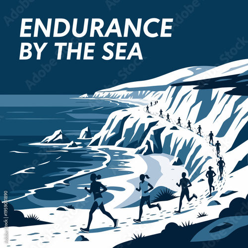 Coastal Endurance Race Illustration Depicting Runners Navigating Scenic Trails Near the Ocean