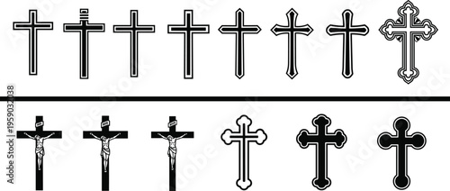 Christian cross silhouettes collection including crucifix religious symbols church icon set vector illustration isolated black faith spirituality design elements