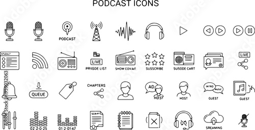 Black and white podcast line icons.