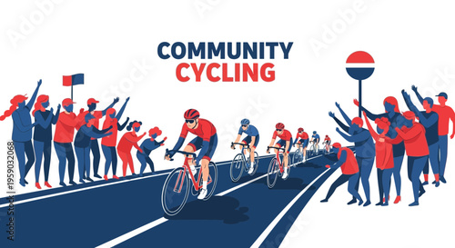 Community Cycling Event: Cyclists Riding on Road with Cheerleaders, A Colorful Vector Design