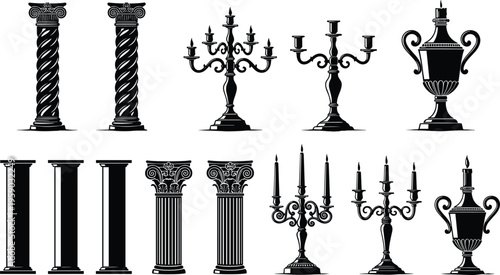 Classic Architectural Columns, Candelabras and Decorative Urns Vector Set, Vintage Antique Interior Decor Elements Silhouette Collection Illustration