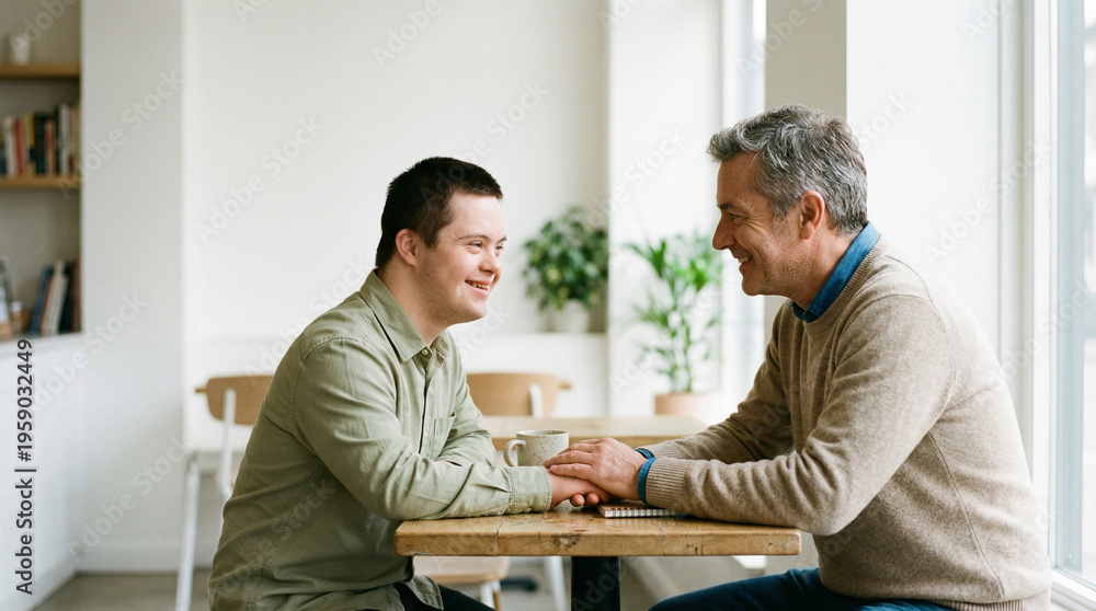 Fototapeta premium Adult man with Down syndrome and an older man hold hands and talk at a table, sharing a deep and supportive connection, intergenerational friendship, caring bond.