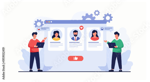 A flat vector illustration of two men with laptops interacting with a large web browser interface showing user profiles and social media icons.