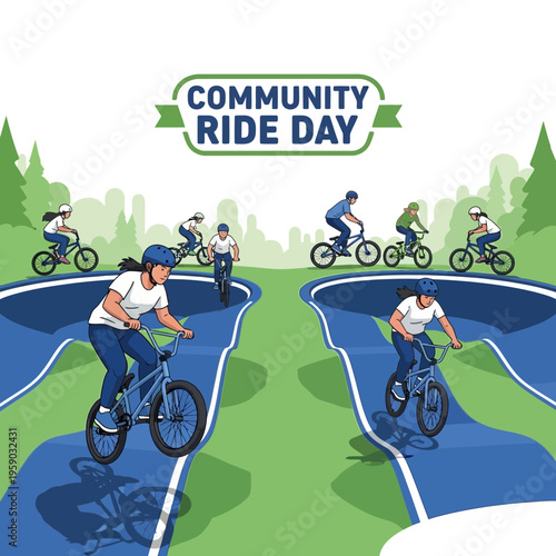 Community Ride Day Illustration Depicting Cyclists Enjoying Bike Park Activities Outdoors Together