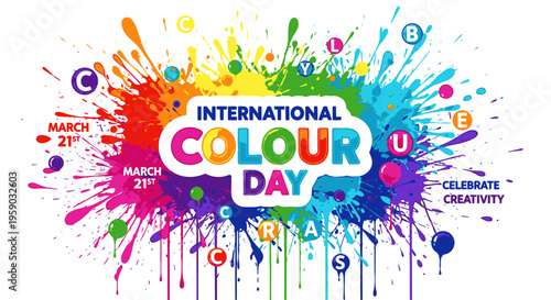 Vibrant graphic celebrating International Colour Day with colorful splatters and text on a white background.