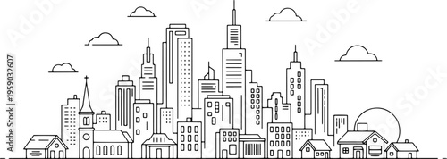 City skyline with tall buildings.