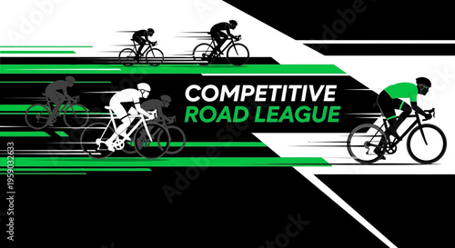 Competitive Cycling Race Depicting League Sport Event Silhouettes Against Bold Geometric Design
