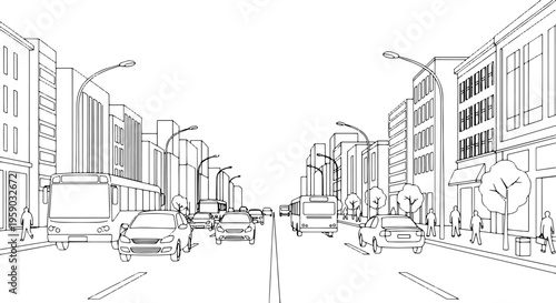City street with cars and buildings.
