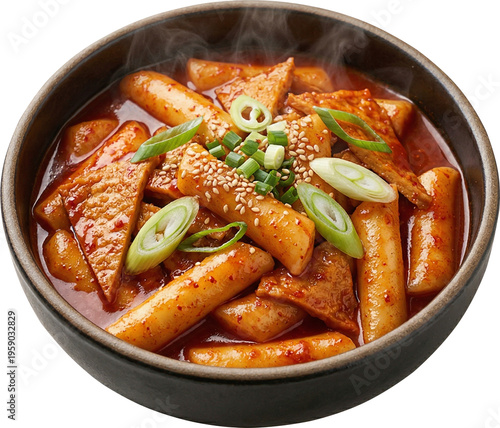 Spicy Korean rice cakes Tteokbokki with fish cakes in a bowl