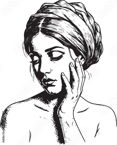 Woman with hand on cheek, hand drawn simple sketch vector illustration