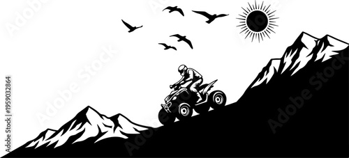 A black and white illustration of a person riding an atv through mountains