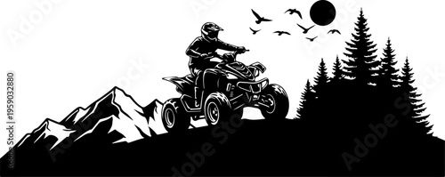 A black and white illustration of a person riding an atv through mountains