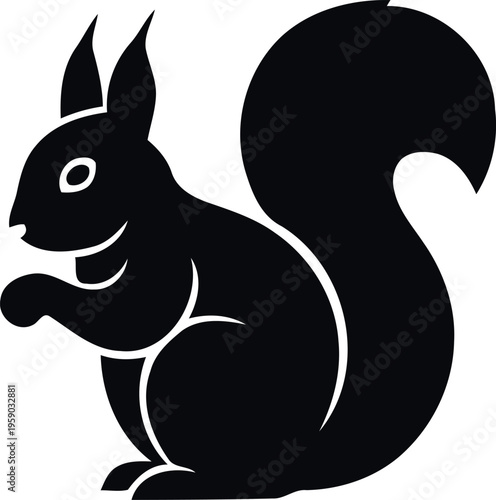 A black silhouette of a squirrel sitting on its haunches with bushy tail and perked up ears