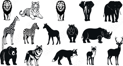 Collection of black and white animal silhouettes and illustrations