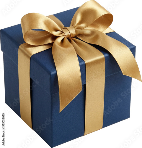 Elegant blue gift box with gold ribbon isolated