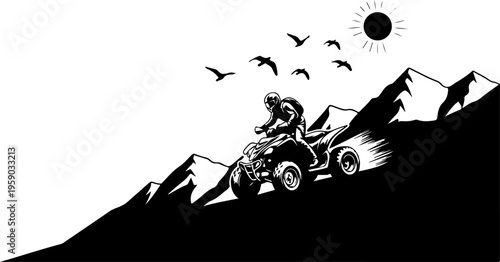 A black and white illustration of a person riding an atv through mountains