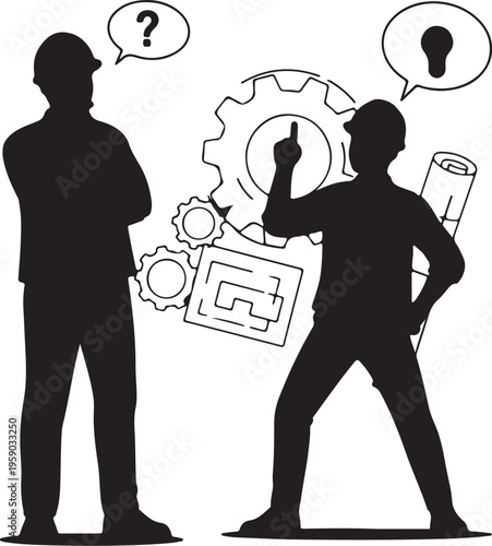 Two engineers discussing a project, hand drawn simple sketch vector illustration