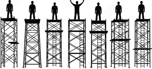 Construction worker silhouettes on scaffolding structures industrial labor concept black white vector illustration engineering safety height work platform set
