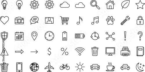 Collection of various line icons.