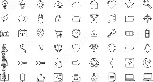 Collection of various line icons.