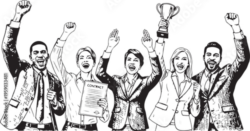 successful business team, hand drawn simple sketch vector illustration