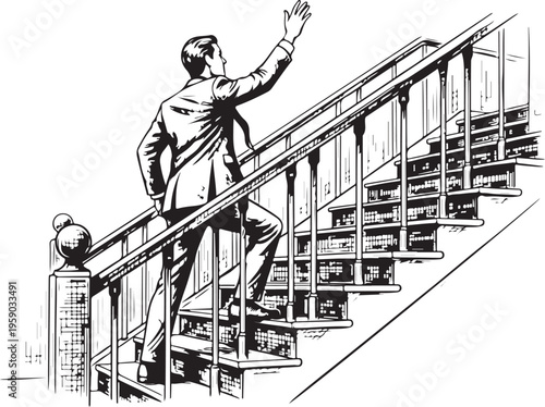 Businessman walking up stairs, hand drawn simple sketch vector illustration