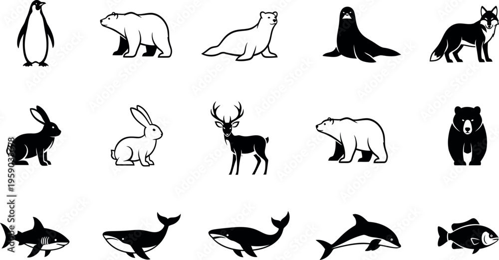 Obraz premium Collection of arctic and marine animal silhouettes