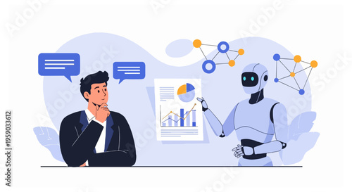 A professional man in a dark jacket observes a white robot pointing to a statistical report with charts against a soft blue wavy background.