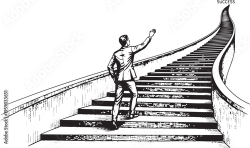 Businessman climbing stairs to success, hand drawn simple sketch vector illustration