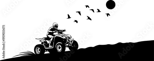 A black and white illustration of a person riding an atv through mountains
