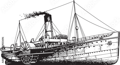 Paddle steamer, hand drawn simple sketch vector illustration